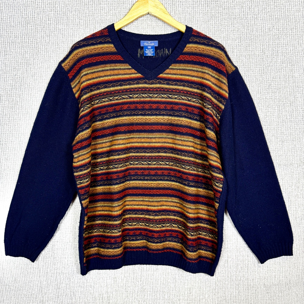 Faconnable Sz XL‎ Merino Wool Sweater 3D Striped Southwest Aztec Grandpa Grunge